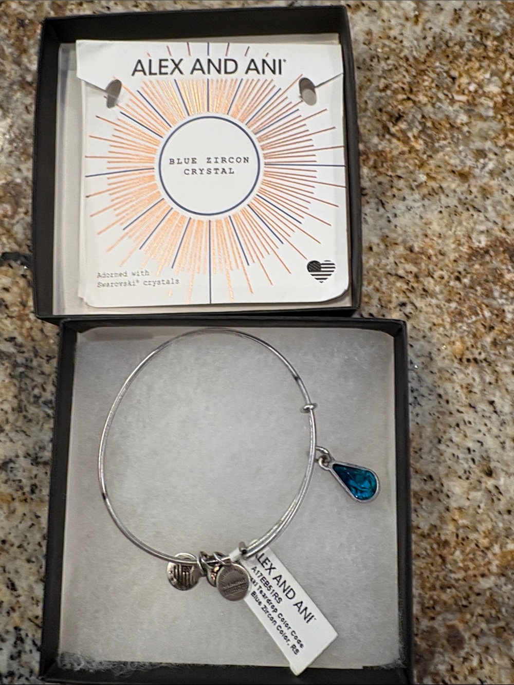 Alex and Ani Silver Bangle with Teardrop Blue Crystal Charm